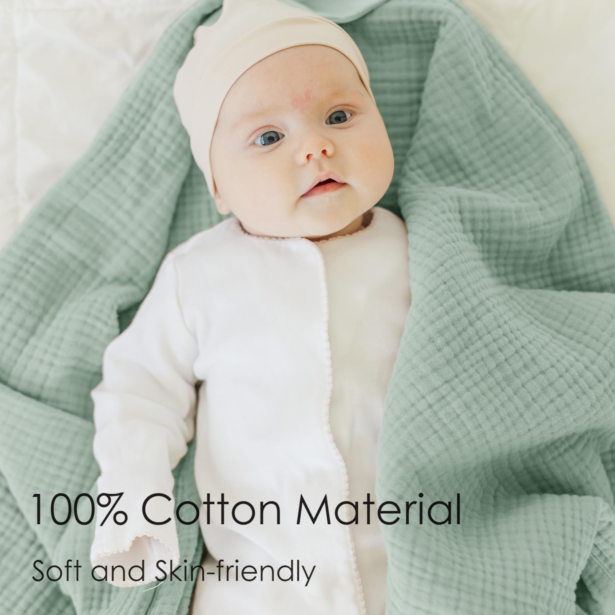 MairMore muslin baby blanket green folded highlights generous size for swaddling or stroller use