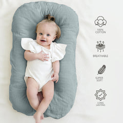 MairMore muslin baby cover grey pack2 on lounger demonstrates secure envelope fit for safe lounging.