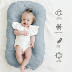MairMore muslin baby cover dark blue on lounger provides cozy resting for newborns