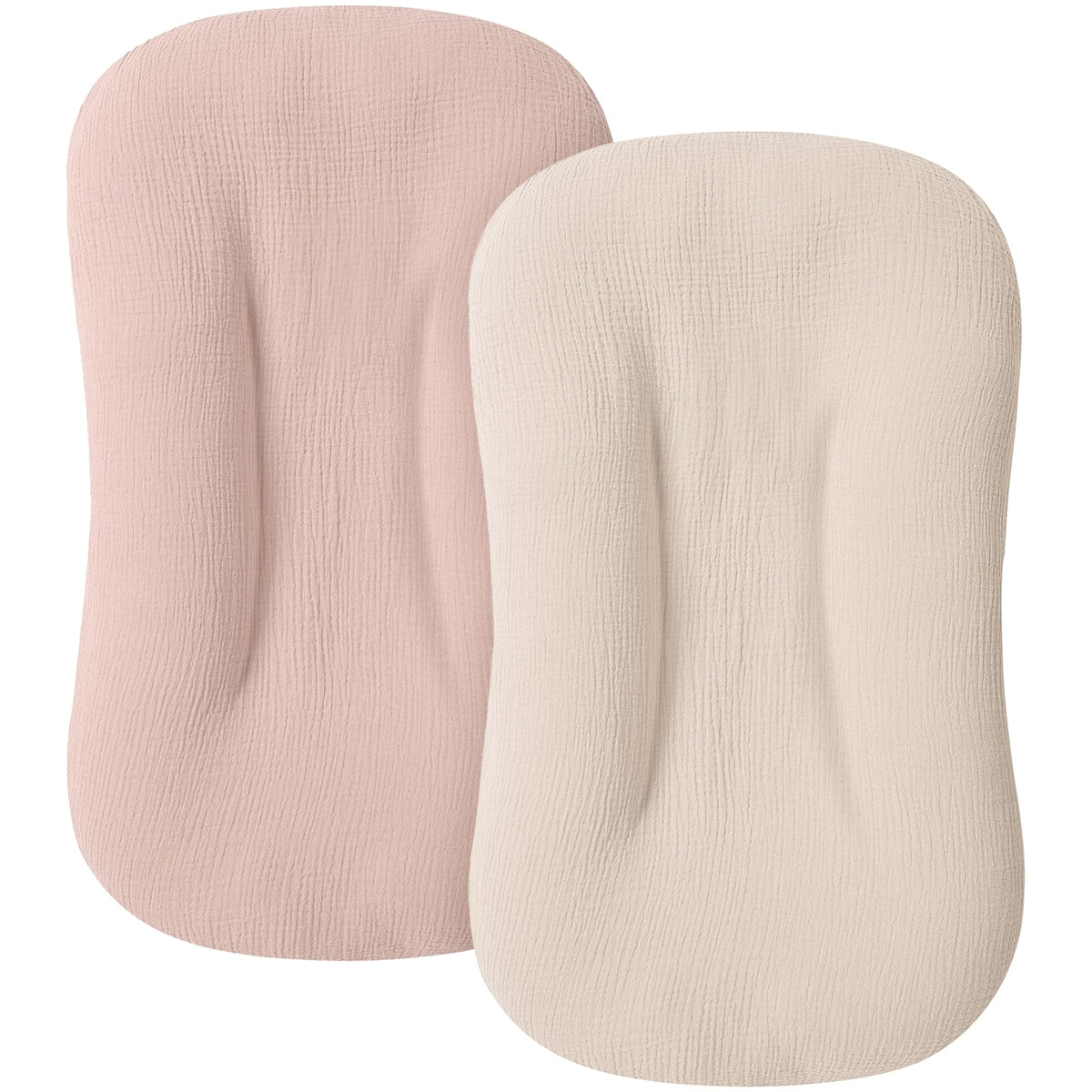 MairMore muslin baby lounger cover in pink close-up highlighting soft breathable cotton for newborn comfort.