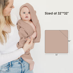 MairMore hooded towel on baby provides full coverage warmth.