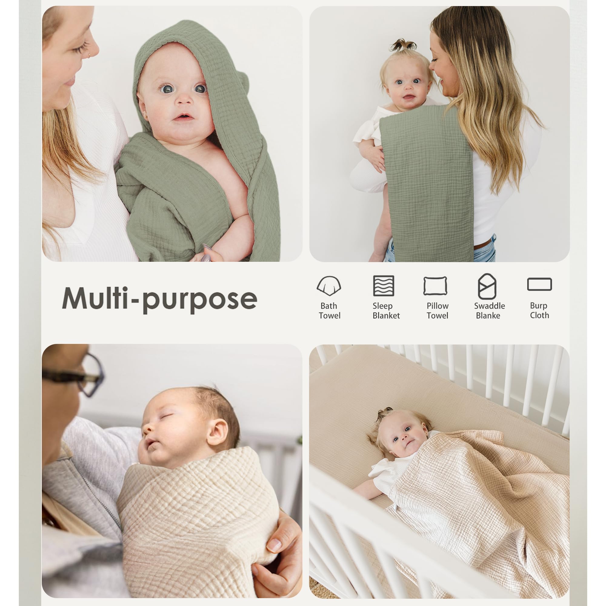 MairMore muslin towels are versatile for bath, swaddle, stroller, or burp cloth.