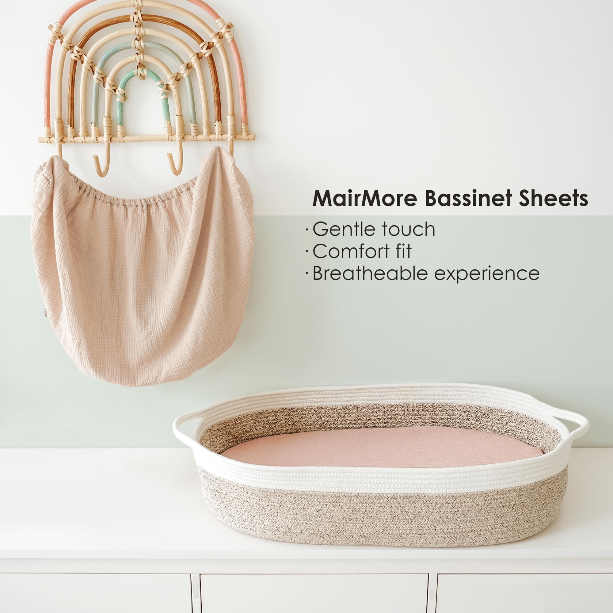MairMore Muslin Bassinet Sheet 2-pack highlights easy care and lasting softness.