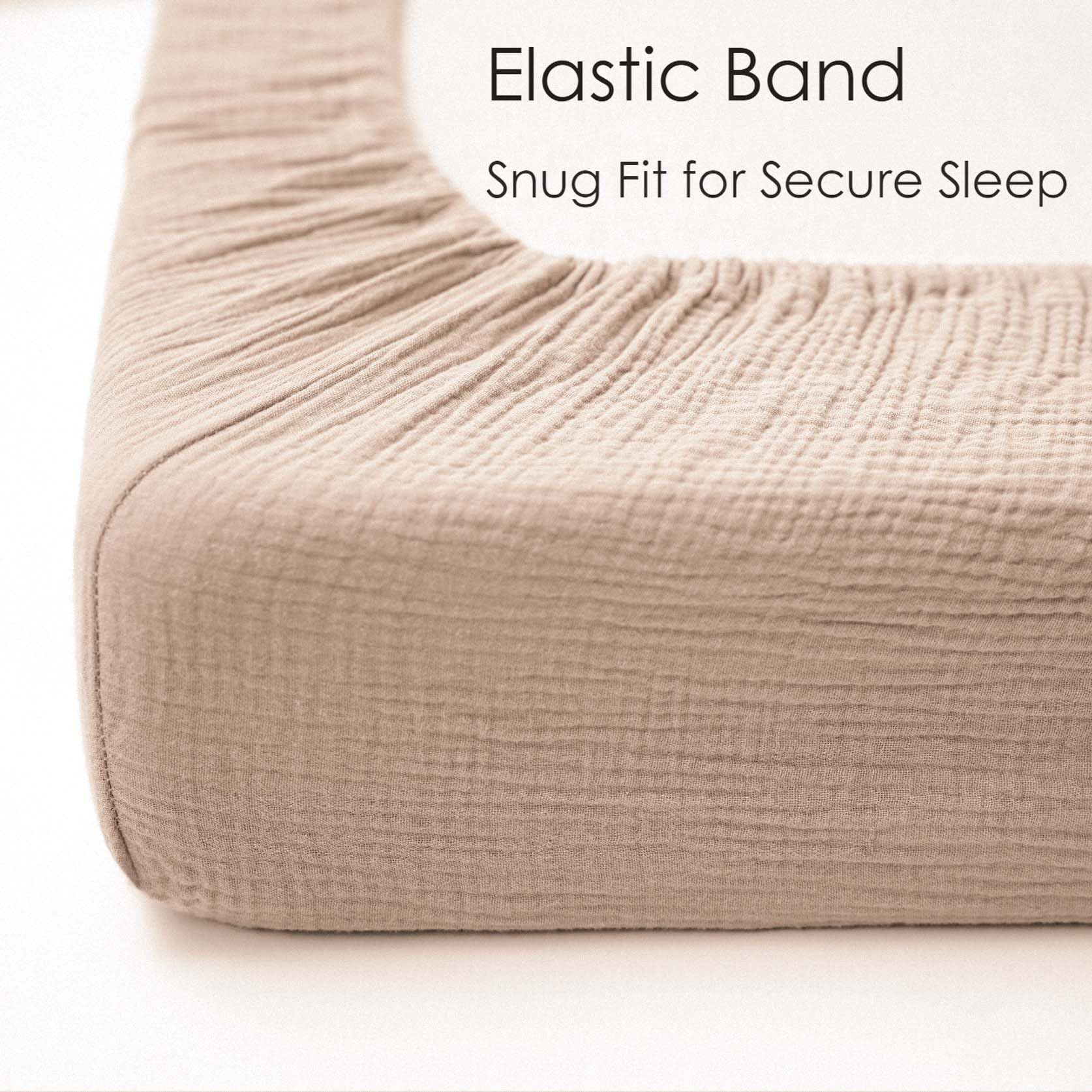MairMore Muslin crib sheets with 360-degree elastic provide a snug, secure fit.