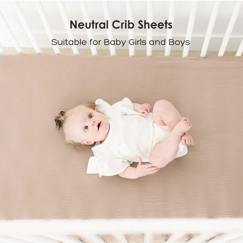 MairMore Muslin crib sheets shown in a cozy nursery setup.
