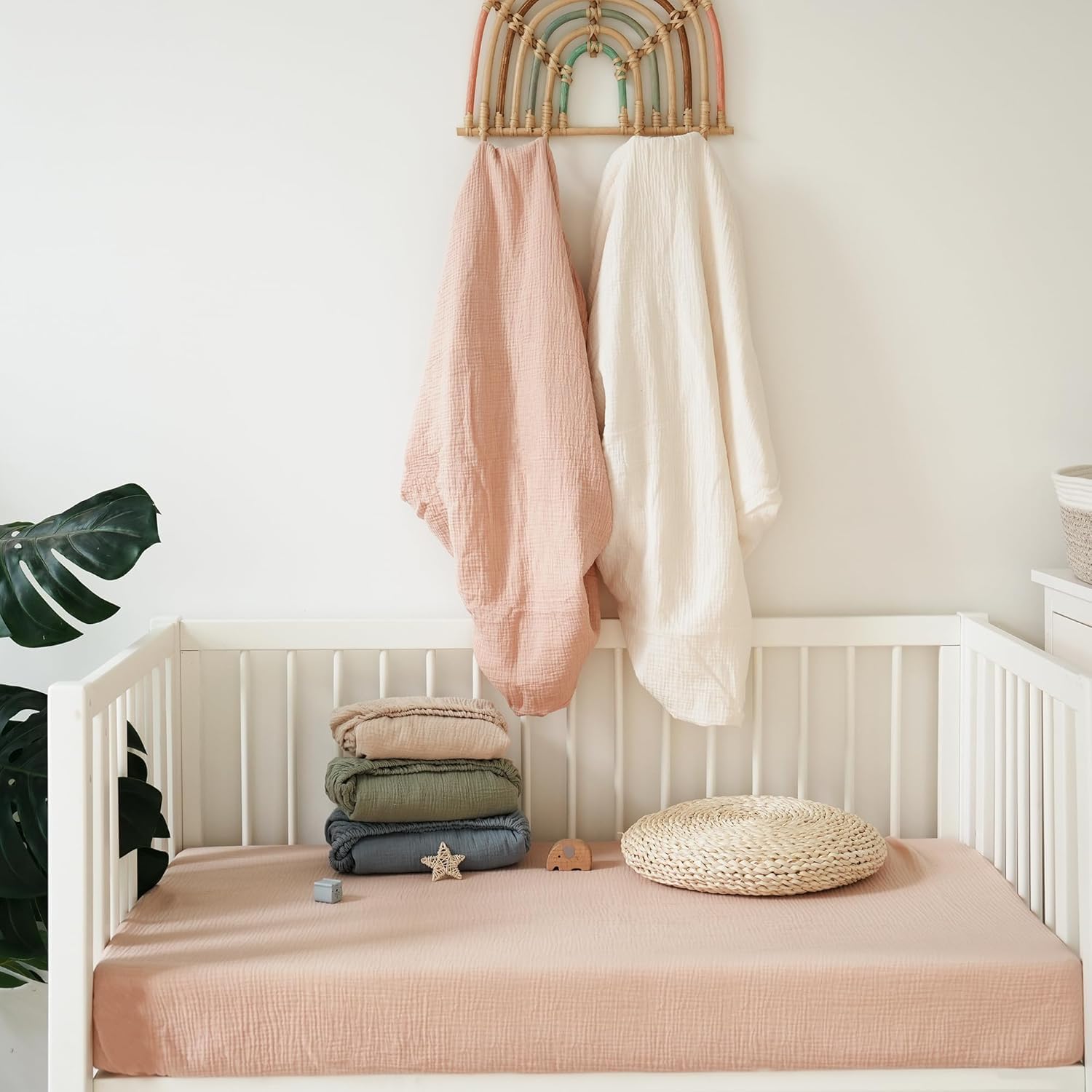 MairMore Muslin crib sheets two-pack offers convenient quick changes.