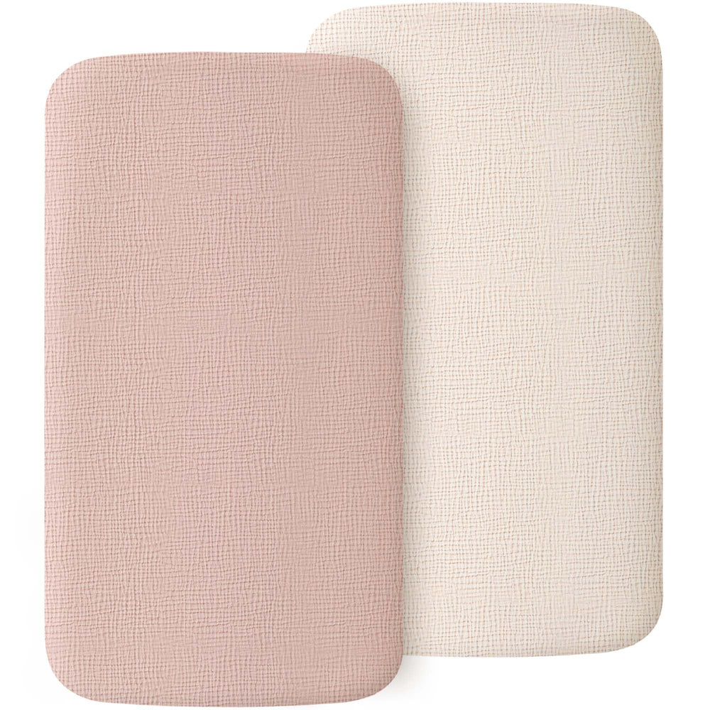 MairMore muslin fitted bassinet sheet with oval-fit and snug elastic edges for secure sleep