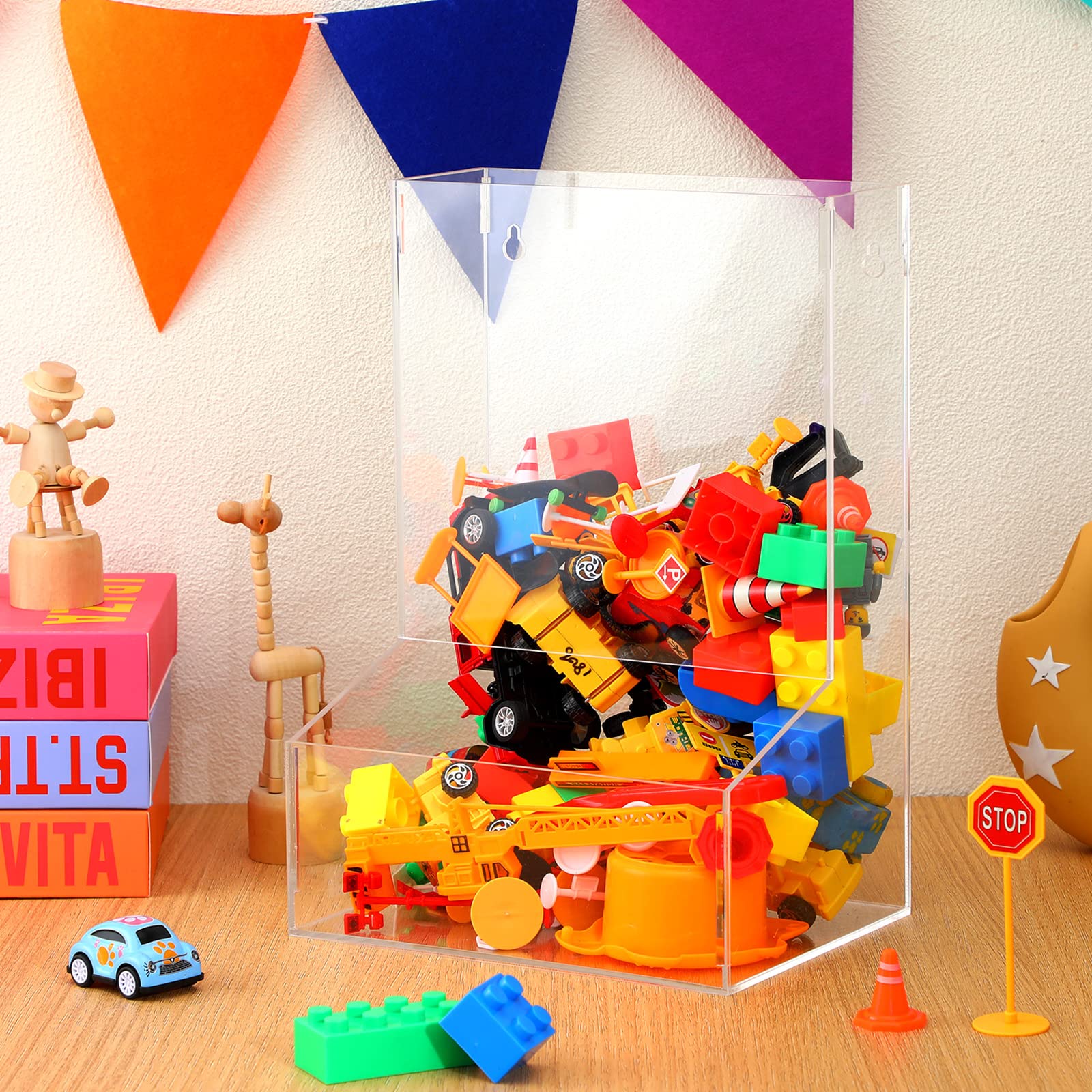 Maitys playroom organizer keeps blocks, cars, trains and figures neatly grouped.