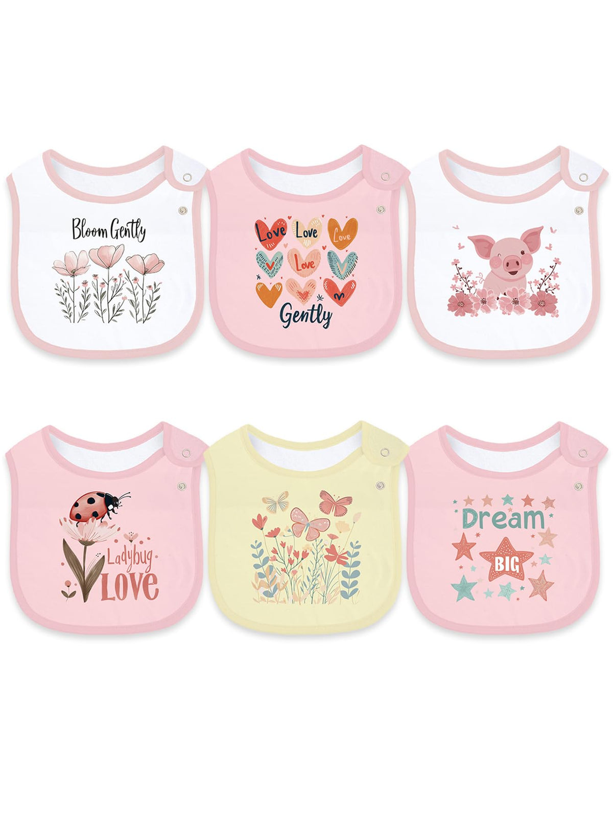 Maiwa 6-pack baby bibs front view with soft cotton and waterproof backing for drool protection