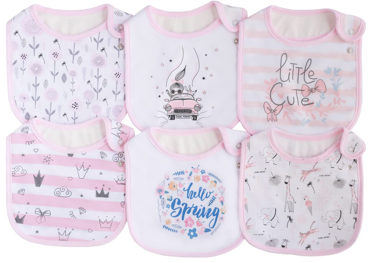 Maiwa 6-pack girls bibs show soft cotton front with waterproof layer for drool and feeding messes.