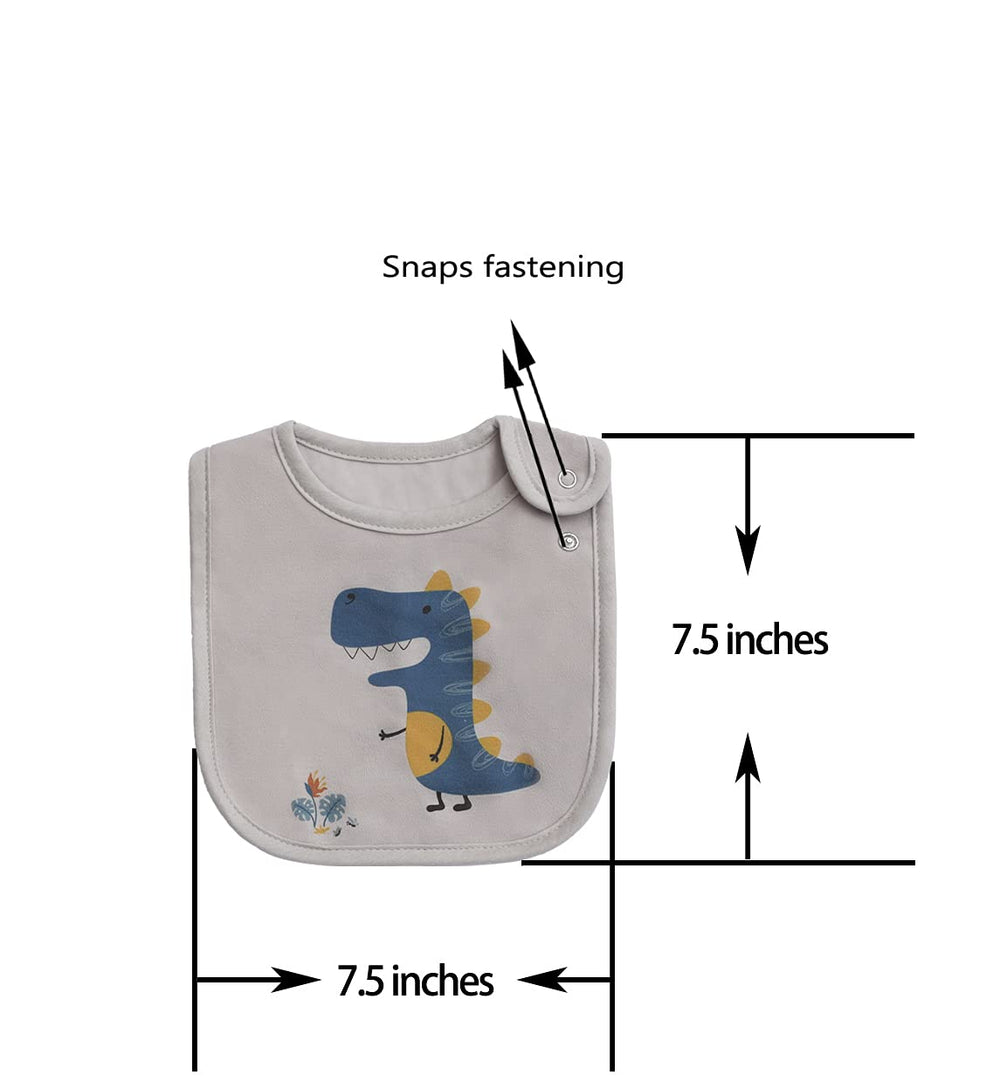 Maiwa dinosaur bibs adjustable snaps demonstrated for secure fit on tiny necks