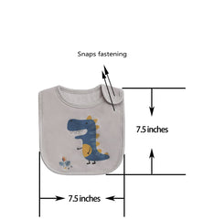 Maiwa dinosaur bibs adjustable snaps demonstrated for secure fit on tiny necks