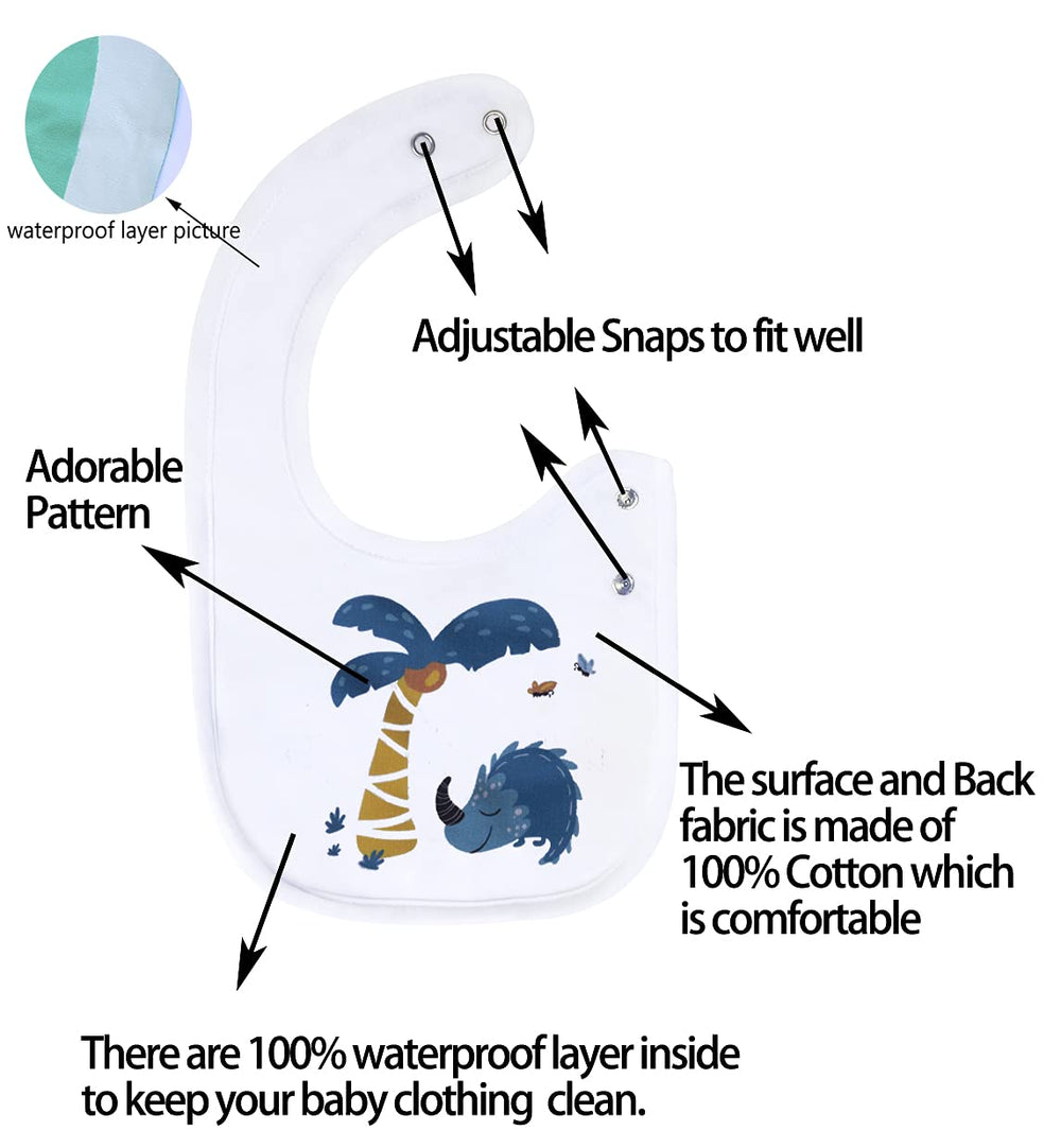 Maiwa dinosaur bibs waterproof layer visible for drool and spill containment