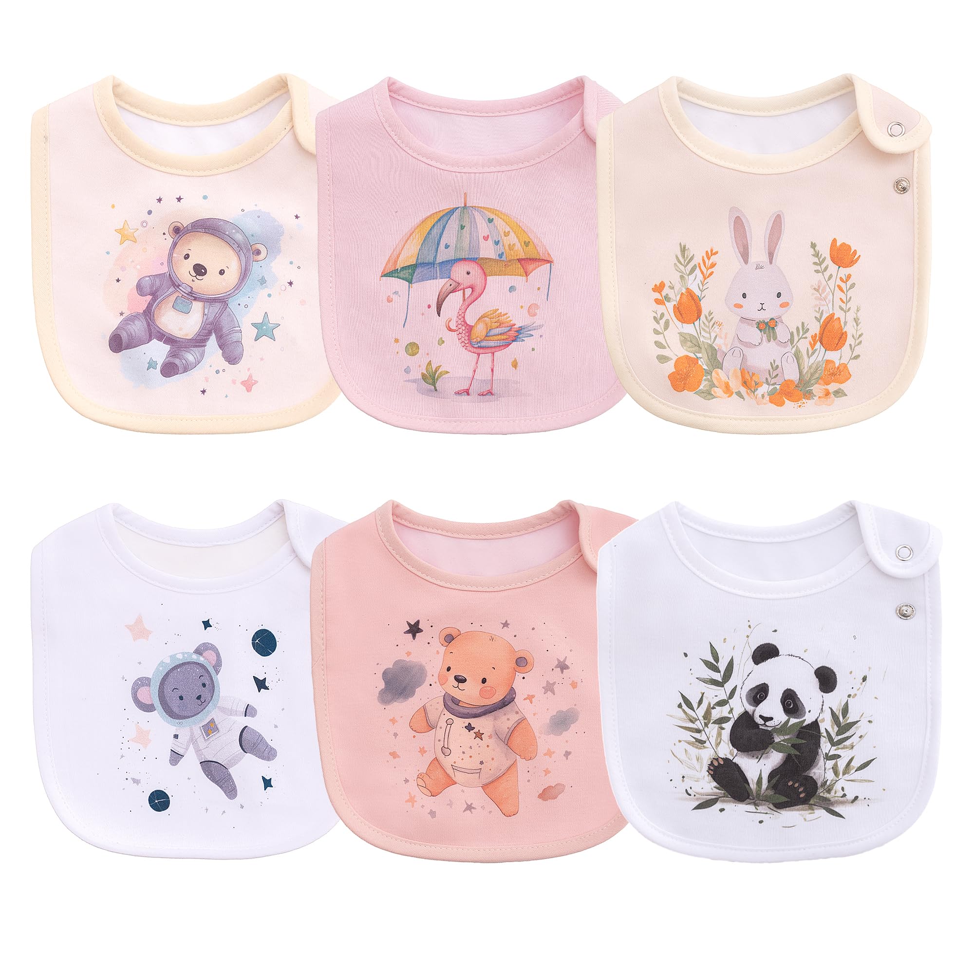 Maiwa six-pack baby bibs display with soft cotton top and waterproof middle layer for drool.
