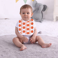 Maiwa adjustable-button bib demonstrates two-size fit for growing infants.