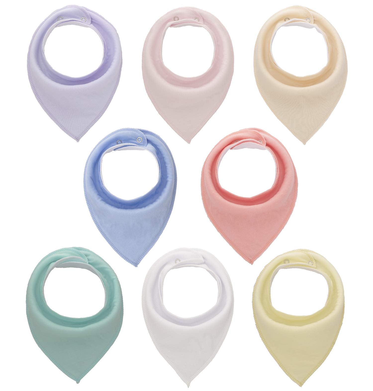 Maiwa Bandana Snap Drool Bibs eight-pack on display showing the pack layout for mess coverage during meals