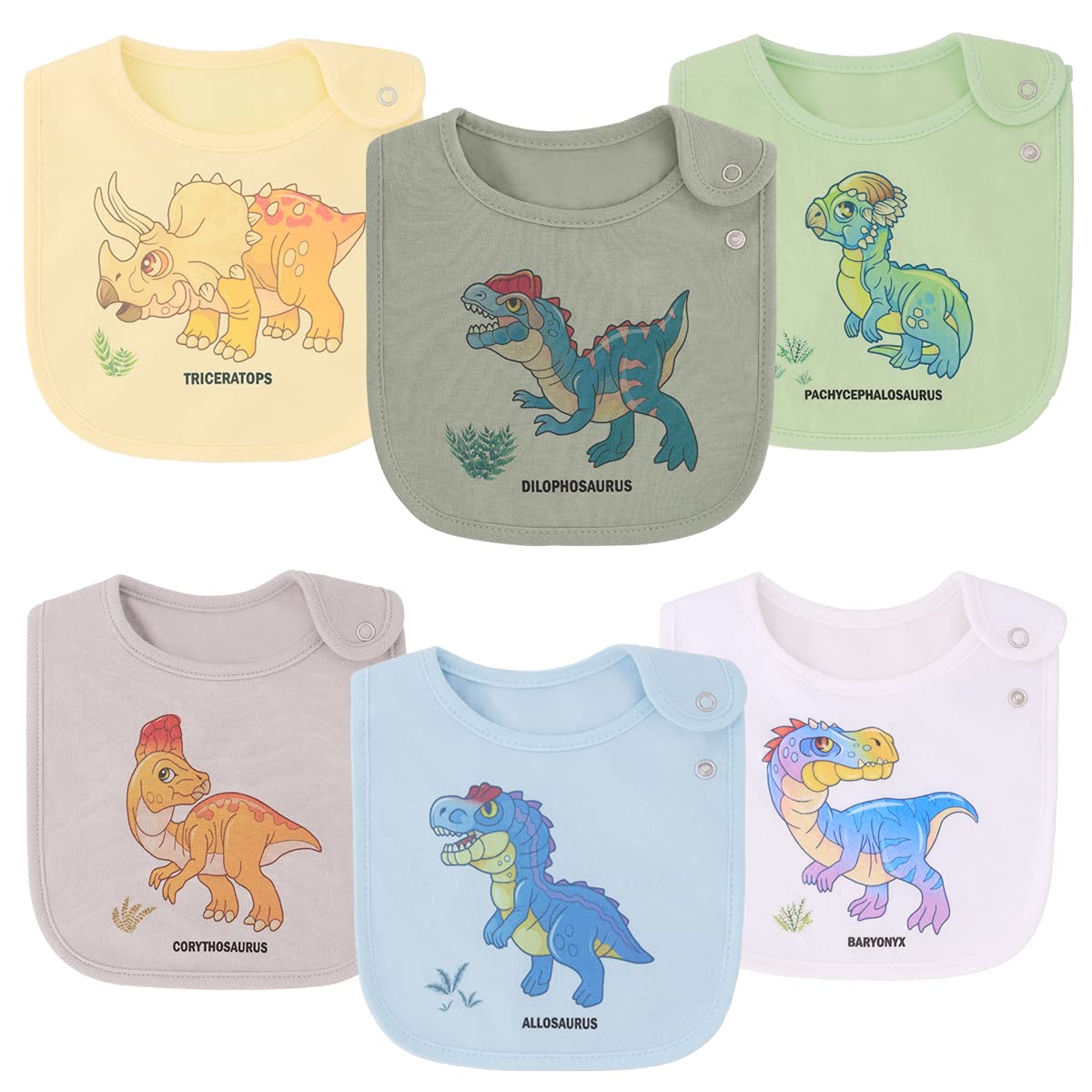 Maiwa Dinosaur Baby Bib front view shows soft cotton and a playful print for drool protection.