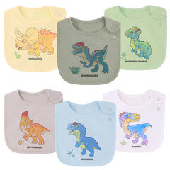 Maiwa Dinosaur Baby Bib front view shows soft cotton and a playful print for drool protection.