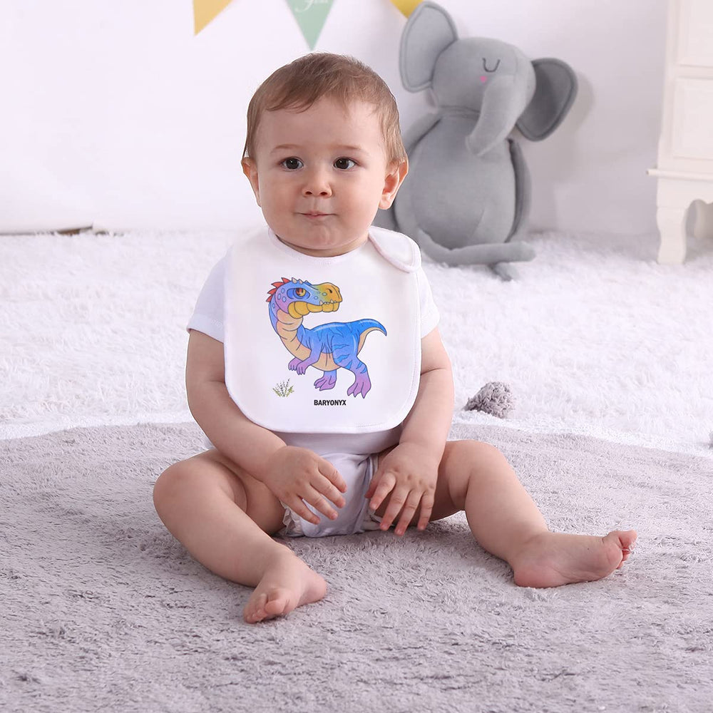 Maiwa Dinosaur Baby Bib with snap closure keeps the bib secure during teething.