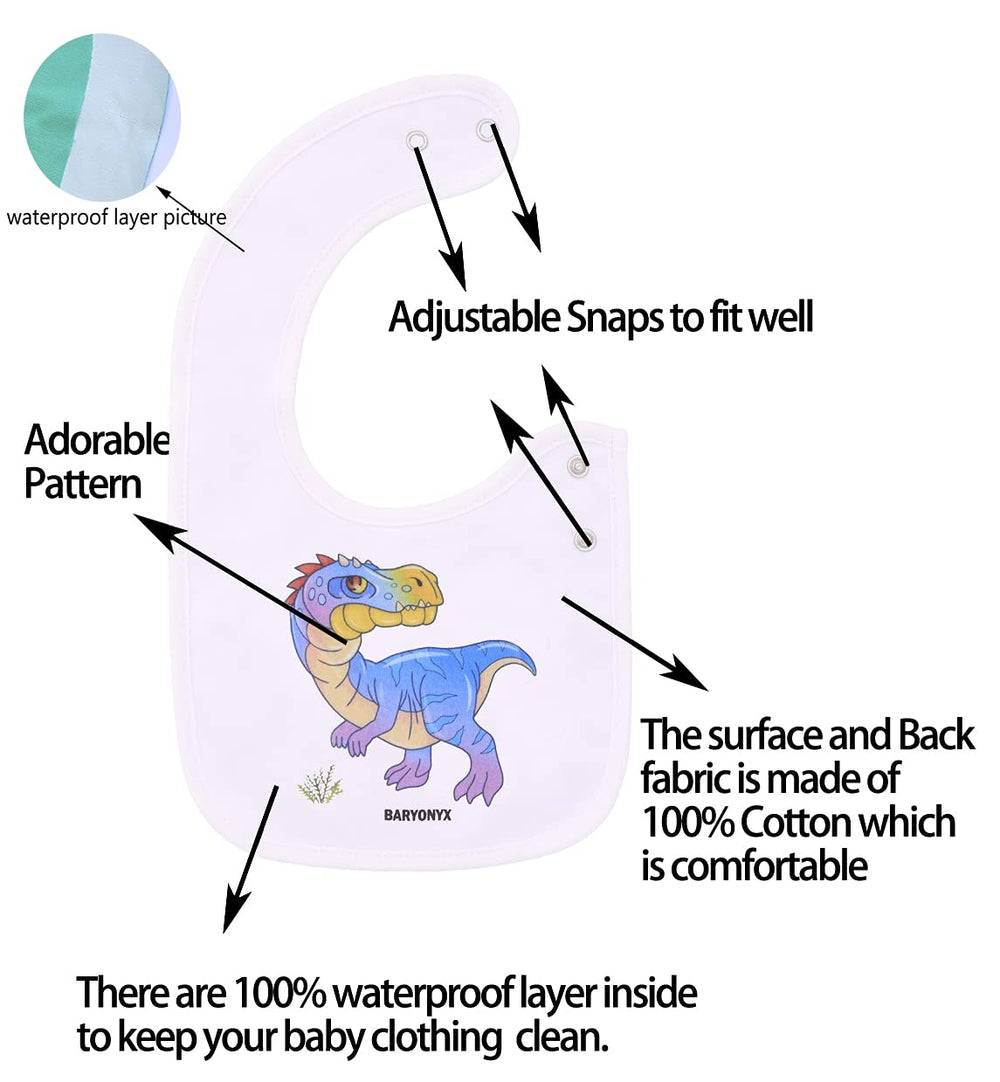 Maiwa Dinosaur Baby Bib waterproof inner layer helps keep outfits clean after spills.