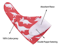 Maiwa dinosaur bandana bib worn on baby, adjustable fit for growth