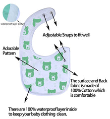 Maiwa waterproof cotton baby bib with adjustable snaps provides a secure fit.