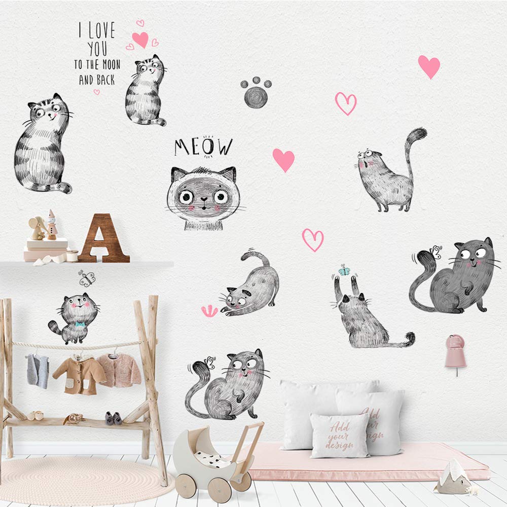 MAIYU cartoon cats wall decals featuring nine kittens and butterflies for playful rooms.