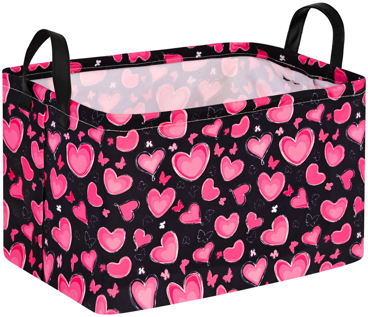 MAIZMZ heart-print storage basket closeup in linen-cotton for stylish toy organization