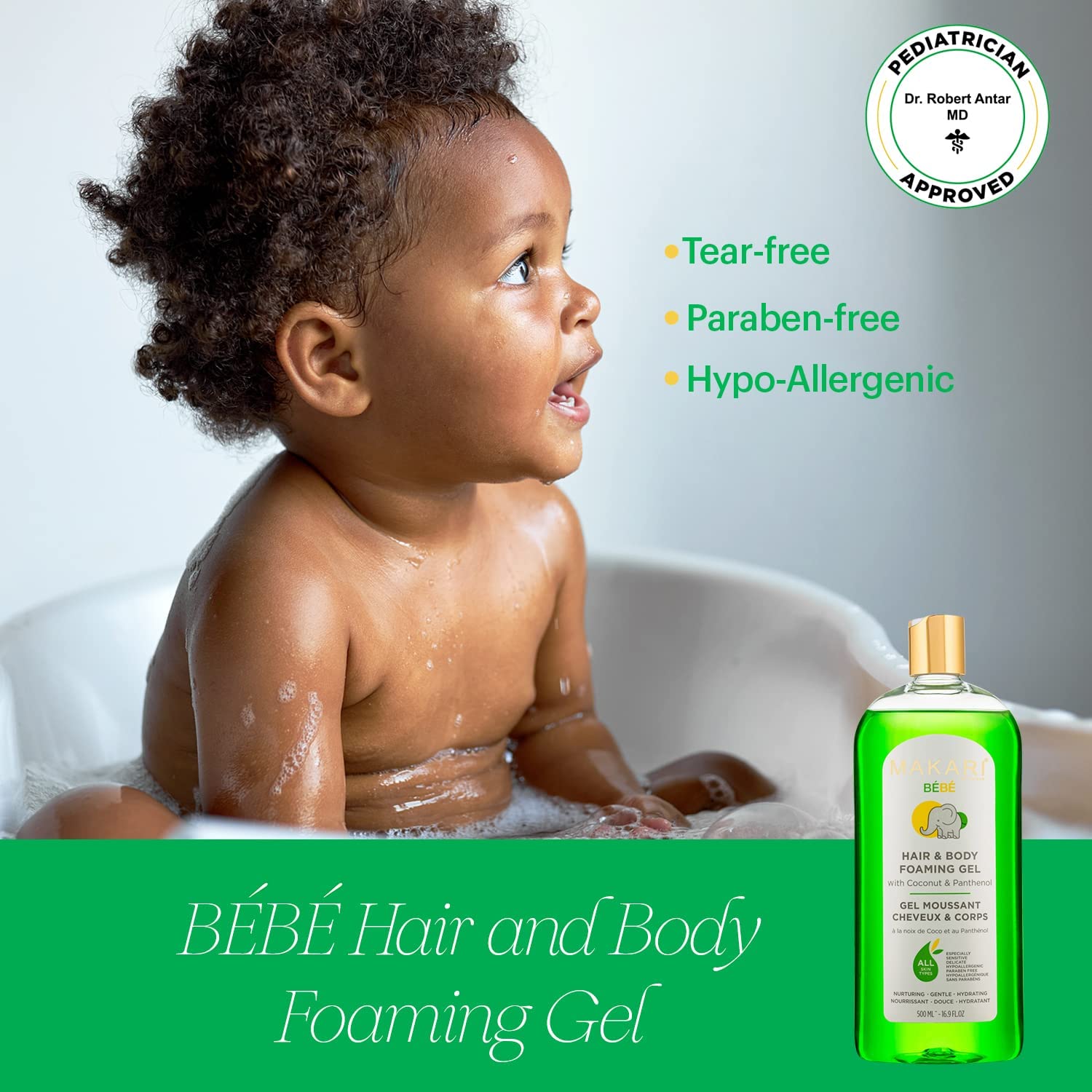 MAKARI Baby Foaming Gel hair-wash demonstrates head-to-toe cleansing with soft touch