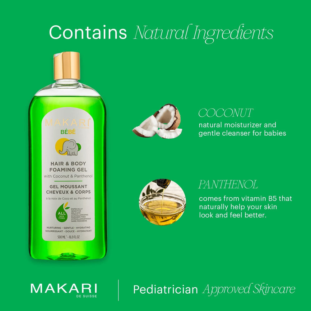 MAKARI Baby Foaming Gel lather-foam showing rich mild bubbles for bath time