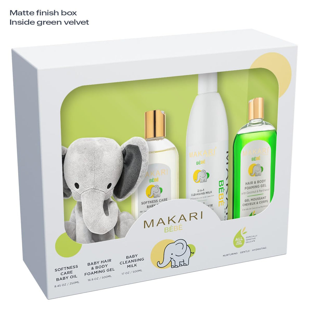 MAKARI Baby Skin Care Set Hair & Body Foaming Gel bottle with tear-free formula for calm bath time.