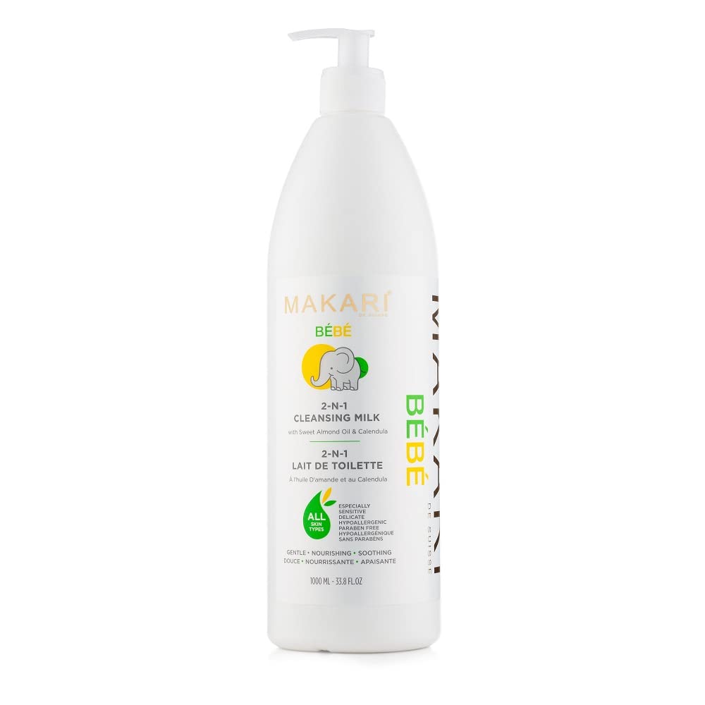 Makari Bebe Cleansing Milk bottle pour highlights gentle hydration during bath time