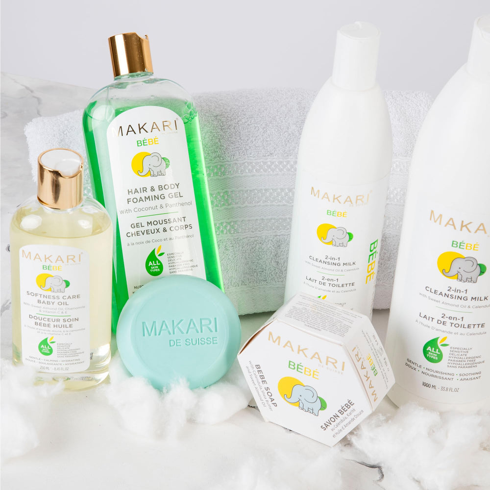 Makari Softness Care Baby Oil used in bath-time routine.