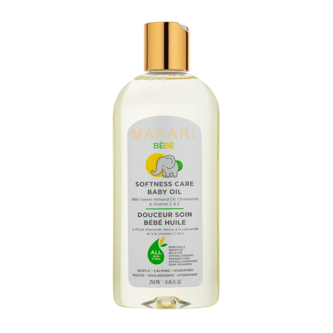 Makari Softness Care Baby Oil bottle closeup for gentle newborn hydration.