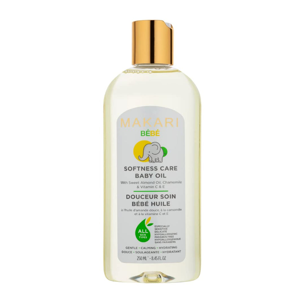 Makari Softness Care Baby Oil bottle closeup for gentle newborn hydration.