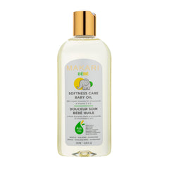 Makari Softness Care Baby Oil bottle closeup for gentle newborn hydration.