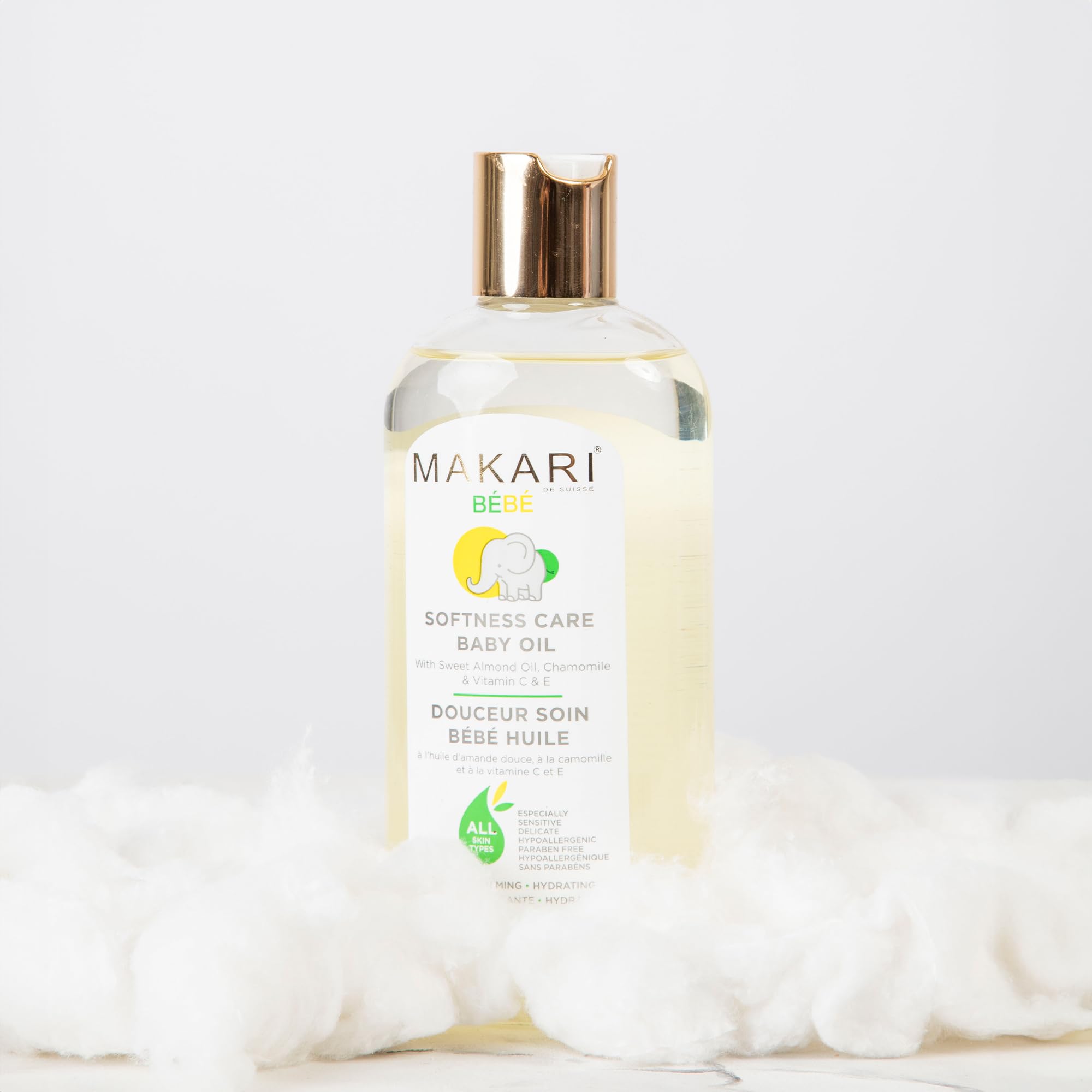 Makari Softness Care Baby Oil hypoallergenic formula on delicate skin.