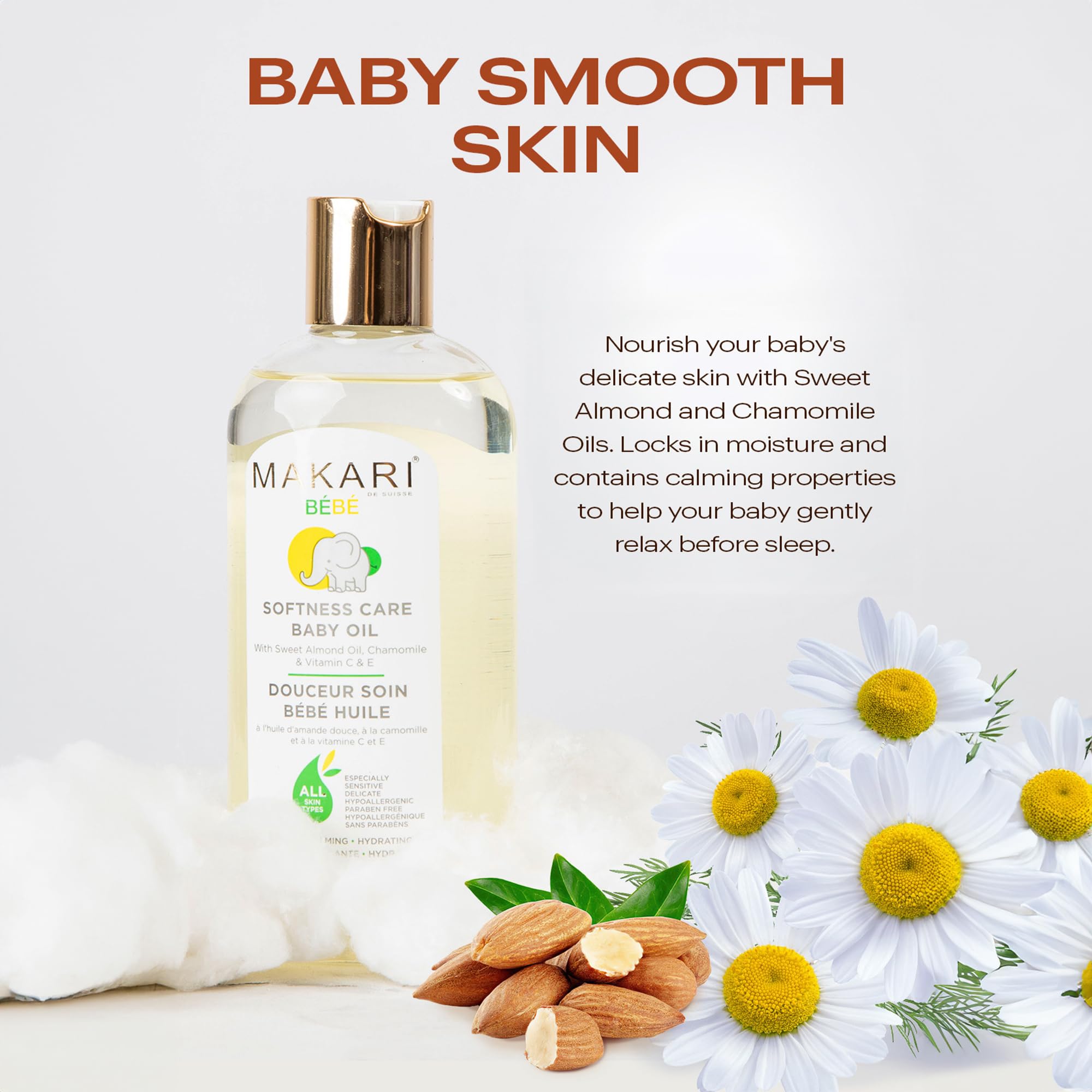 Makari Softness Care Baby Oil vitamins C and E nourish skin.