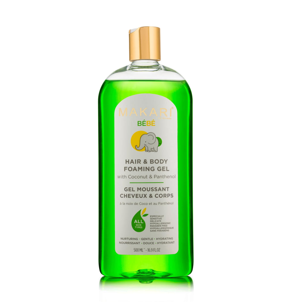MAKARI Tear-free foaming gel close-up ready for head-to-toe cleansing.