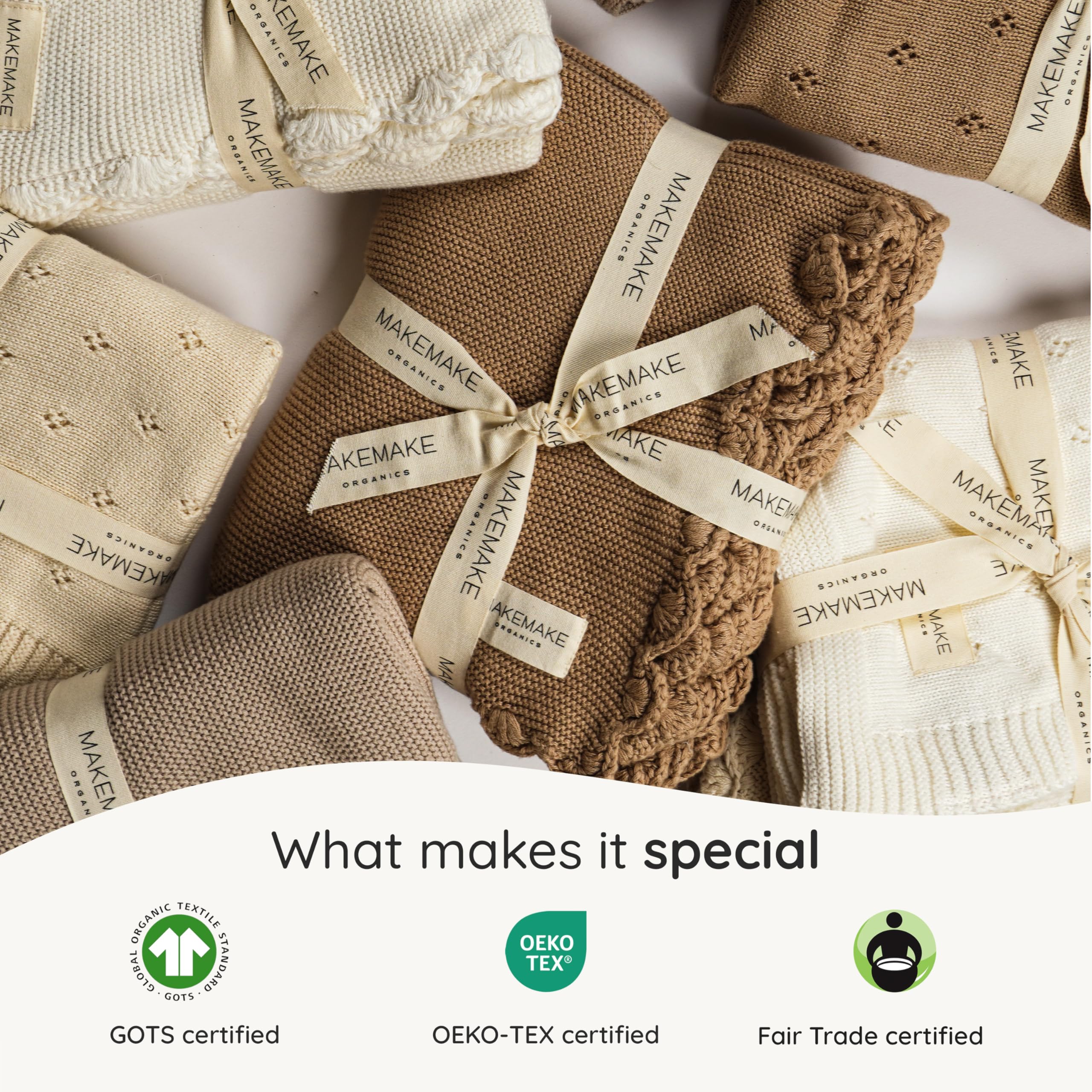 MakeMake Organics baby blanket beige-all-season-use lays flat for cozy naps and stroller rides.