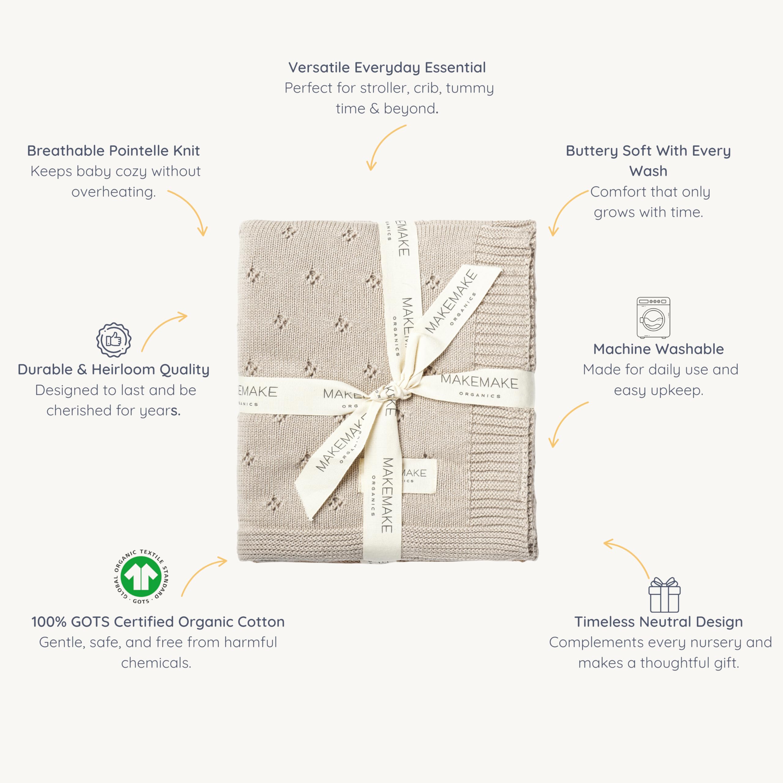MakeMake Organics baby blanket beige-size-30x40 demonstrates perfect everyday companion for naps and playtime.