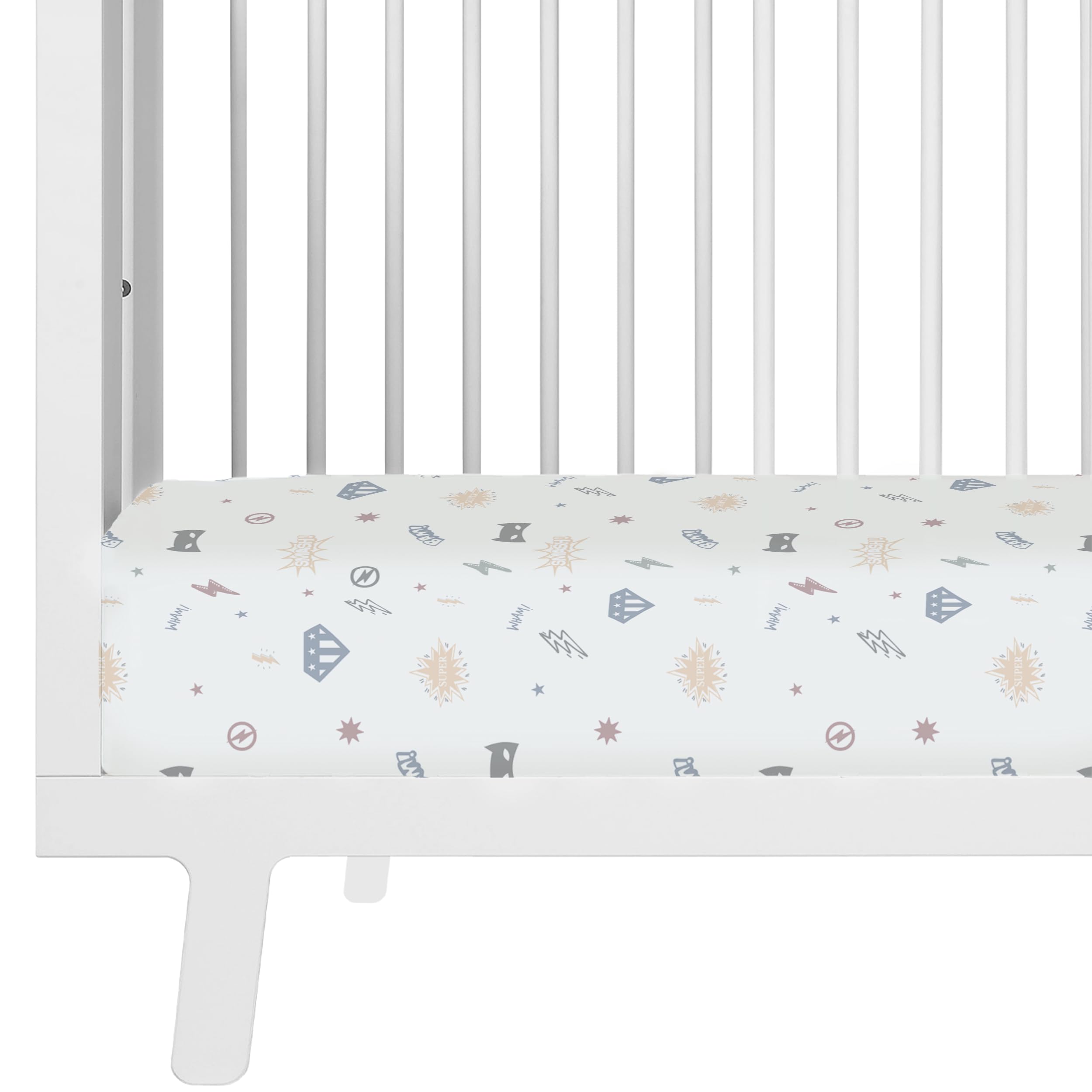 Makemake Organics Mighty Heros crib sheet folded, showcasing soft organic cotton
