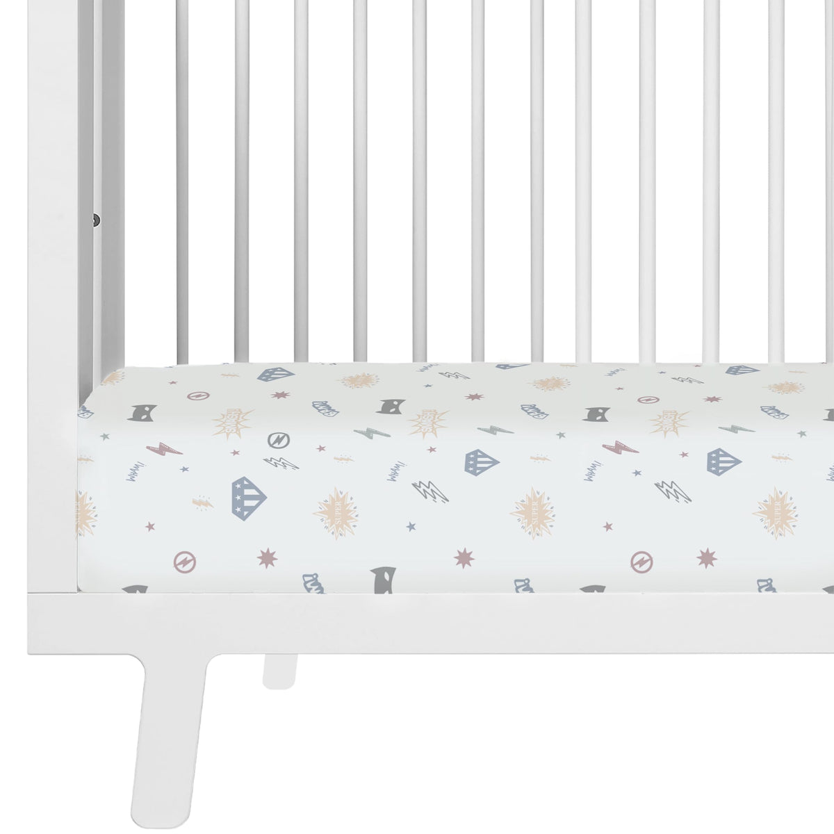 Makemake Organics Mighty Heros crib sheet folded, showcasing soft organic cotton