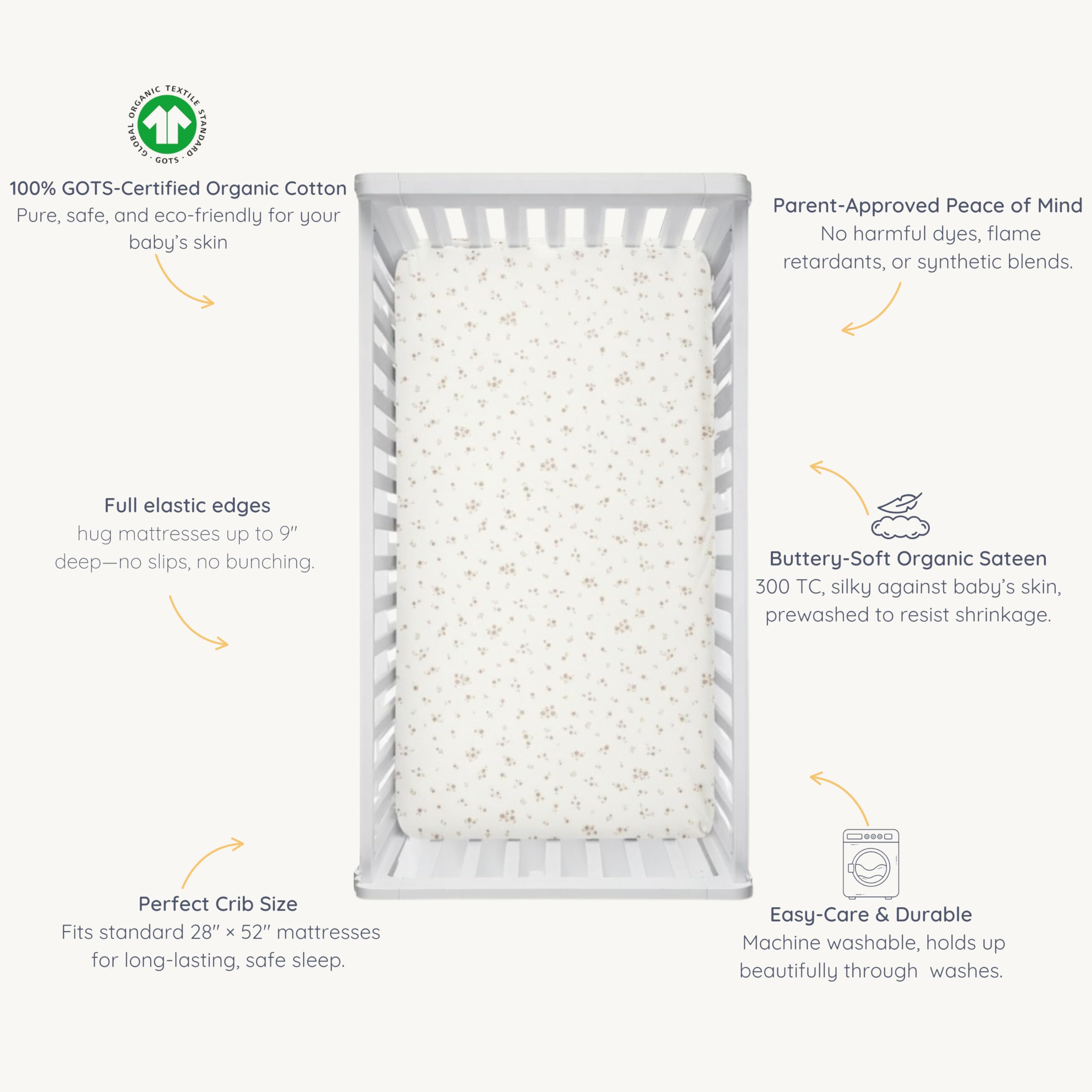 Makemake Organics Bloom crib sheet packaging in reusable bag makes gifting easy.