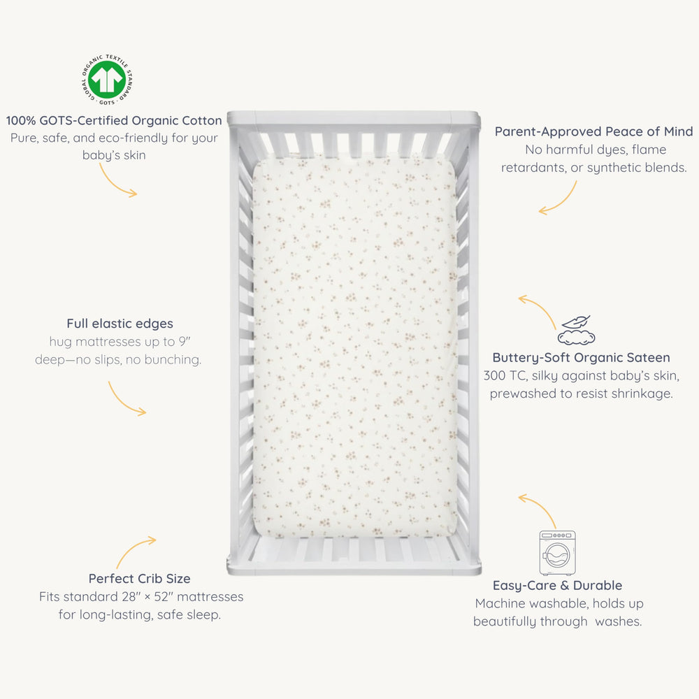 Makemake Organics Bloom crib sheet packaging in reusable bag makes gifting easy.