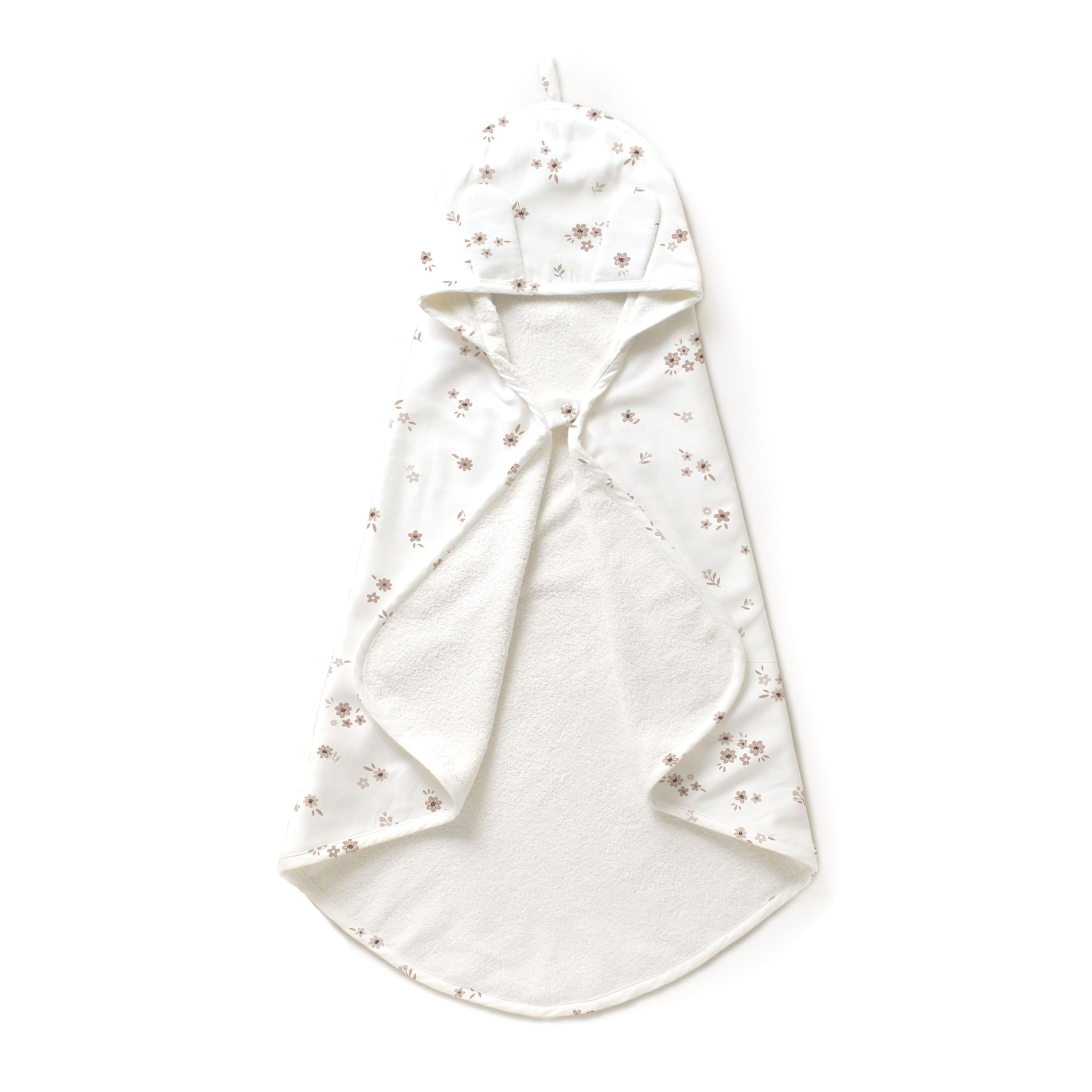 MakeMake Organics hooded towel with bunny ears—soft organic cotton for sensitive skin.
