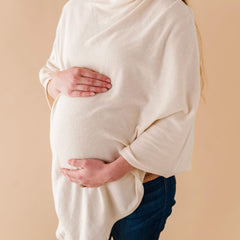 MakeMake Organics knit nursing cover vanilla worn by mom and baby for privacy and coverage