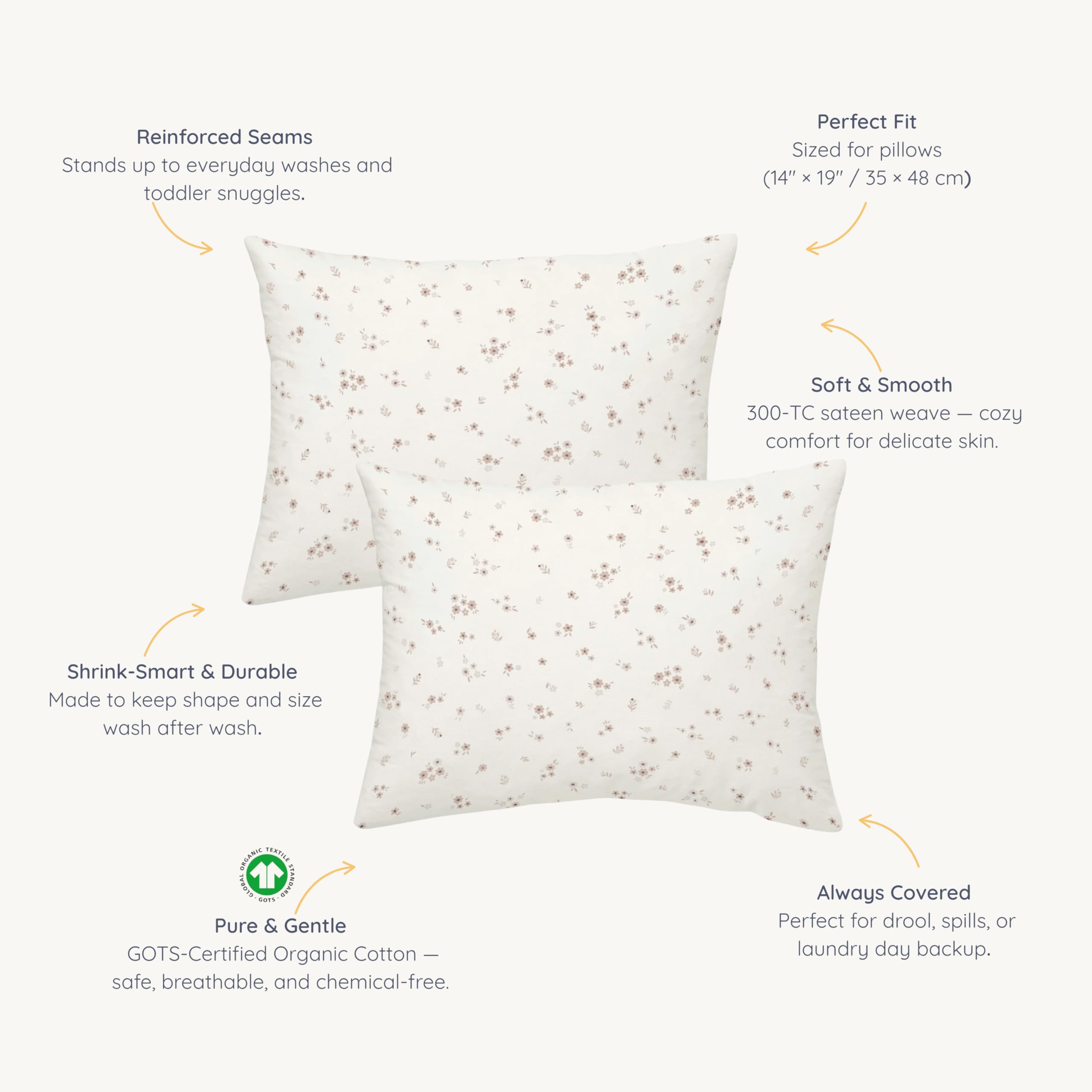 Makemake Organics pillowcase closeup reveals sateen fabric for soft, breathable comfort