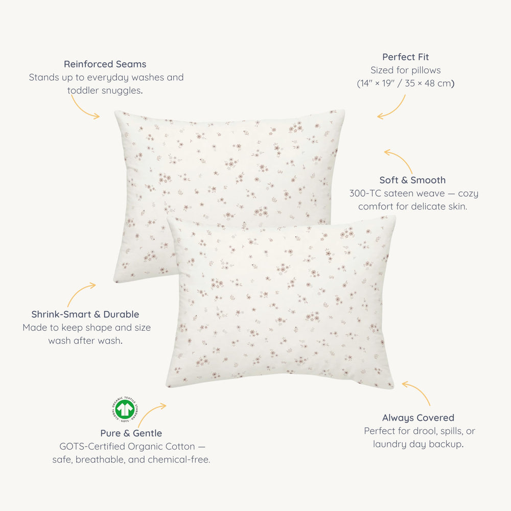 Makemake Organics pillowcase closeup reveals sateen fabric for soft, breathable comfort