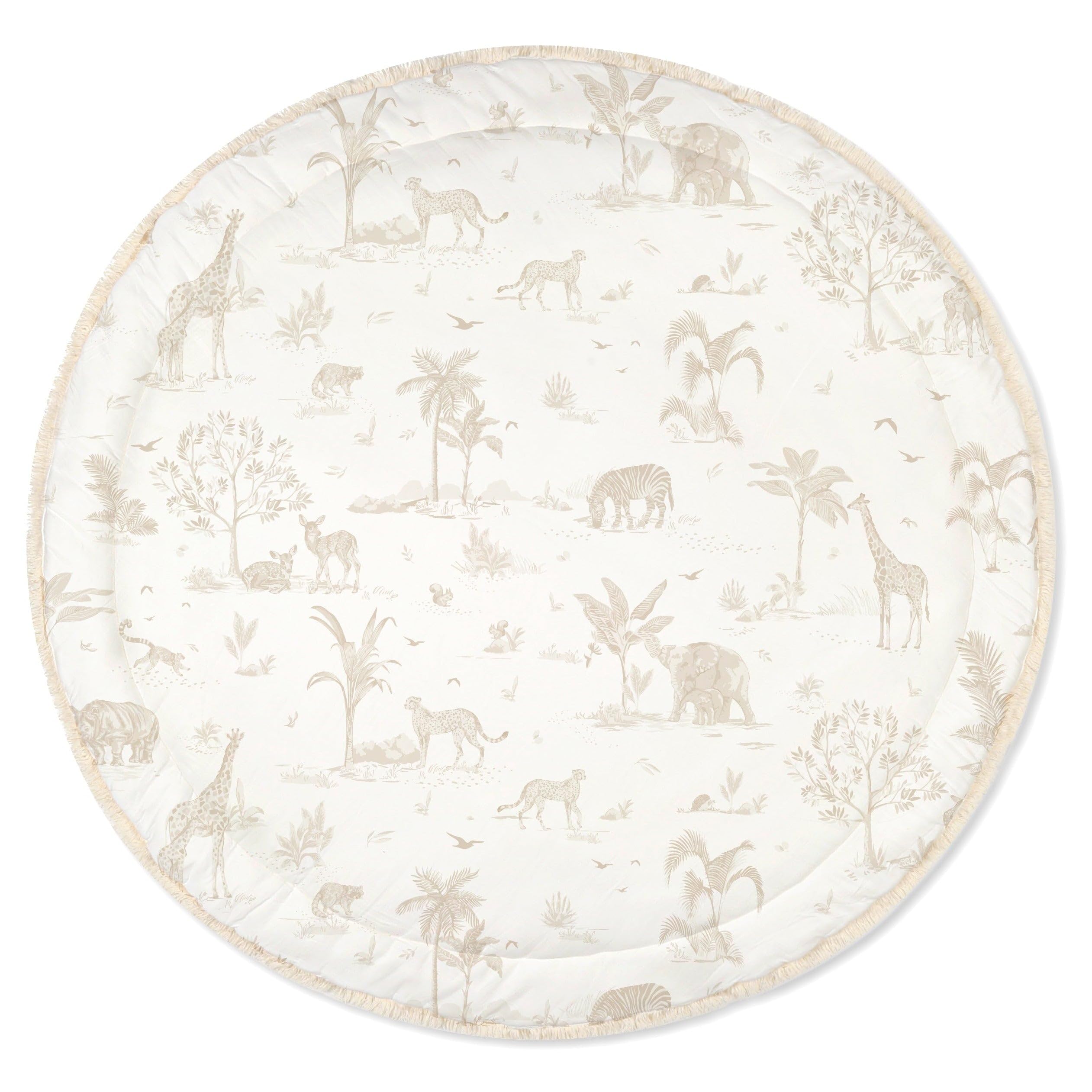 MakeMake Organics safari round play mat front view showing plush organic cotton for gentle tummy time